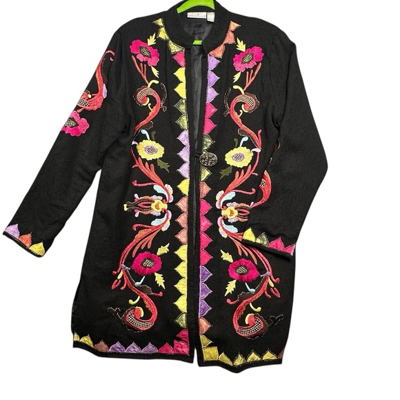 VTG Soft Surroundings Jacket Women Large Black Multicolor Floral Embroidery Boho - Picture 2 of 14